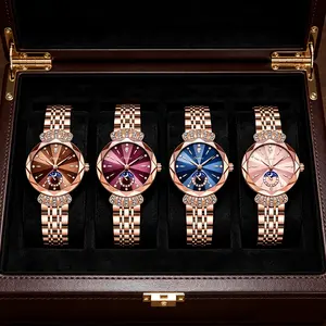 Luxurious Waterproof Solid Stainless Steel Watch Strap Women's Rose Gold-Tone Moon Phase Watch Solve Elegant Style & Timekeeping Needs, Crystal-Encrusted Deep Blue Dial for Daily & Formal Wear