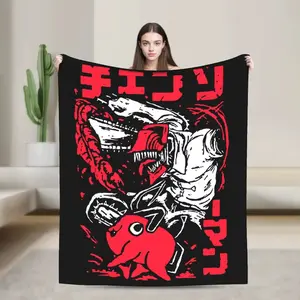 Denji and Pochita Chainsaw Man Anime Theme Character Print Red Knitted Flannel Cozy Blanket, Ultra-Soft Warm Bedspread, Portable Textile Throw for Bed & Sofa,summervibes