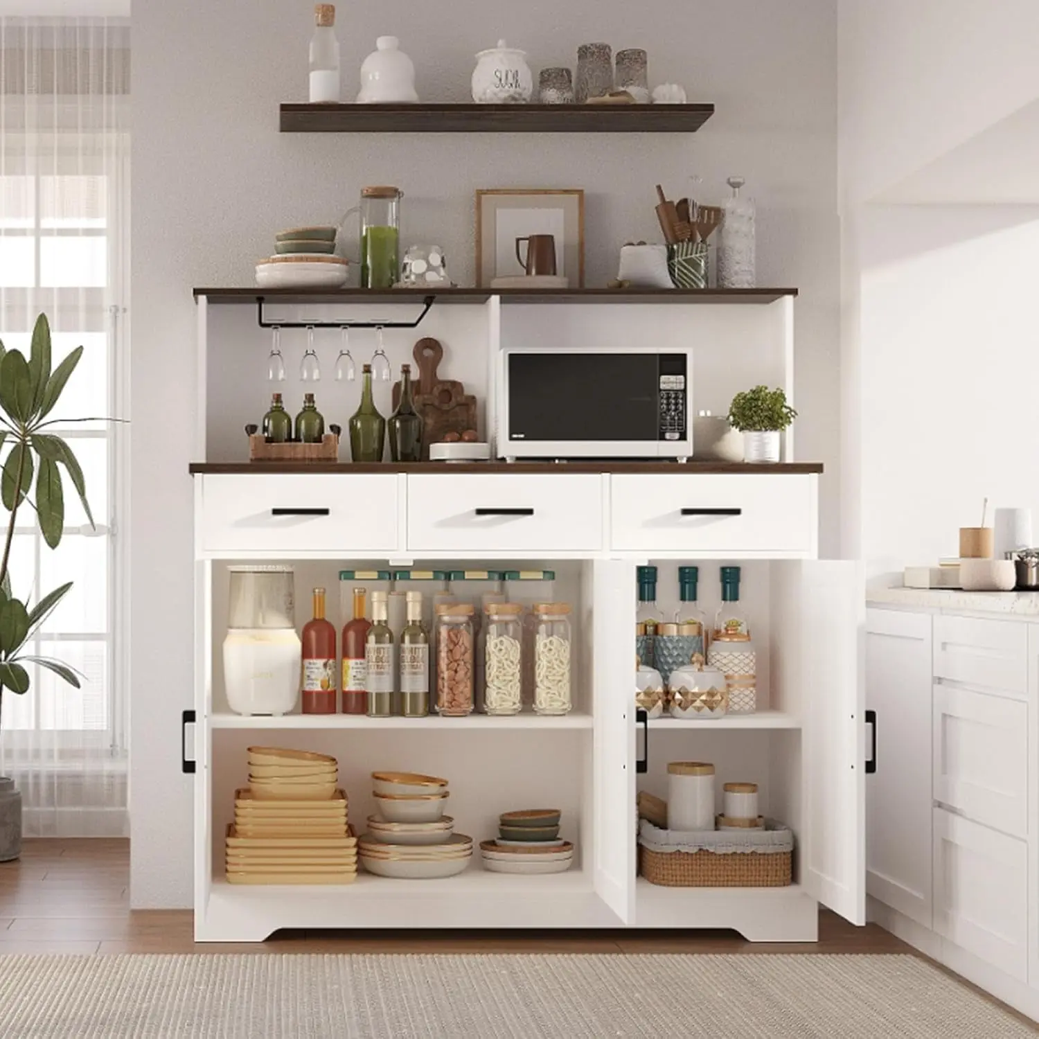 Gaomon Durable Modern Finish Microwave Cabinet - Indoor Kitchen Storage Furniture with 3 Doors, 3 Drawers, Double-Sided Microwave Stand, Three Doors