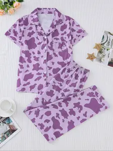 Women's Sleepwear Set, Pajama Set, Cow Pattern Printed, Elegant Casual, Comfortable Lapel Short Sleeve Top & Wide Leg Elastic Pants