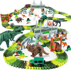 215 PCS Dinosaur Race Track Toy with Train – Interactive Flexible Track Playset, Motorized Train, STEM Building Toy, Jurassic Adventure Set for Kids Toddlers Boys Girls, Screen-Free Creative Play Remote Control Car Wheel kids outdoor play