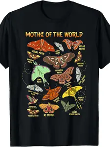 Moth Animals of The World Entomology Insect Lover T-Shirt| Same Style for Men And Women,  Summer, Short-Sleeved, Printed, Pure 220G, Crew Neck, Vintage Style, Regular Fit, Drawing Pattern