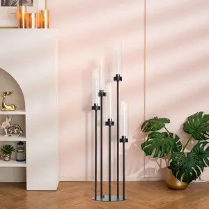 39.8" Matte Black 5-Arm Candelabra with Acrylic Shades,Tall Floor Candle Holder for Wedding Table Birthday Party Home Decoration Fit LED Taper Candles