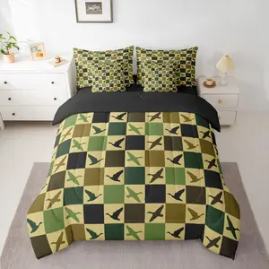 Duck Hunter Comforter Set with Sheets 7 Piece Mallard Duck Bedding Set for Kids Boys Girls Checkered Geometric Bed in a Bag Hunting Vintage Brown Green Room Decor Soft