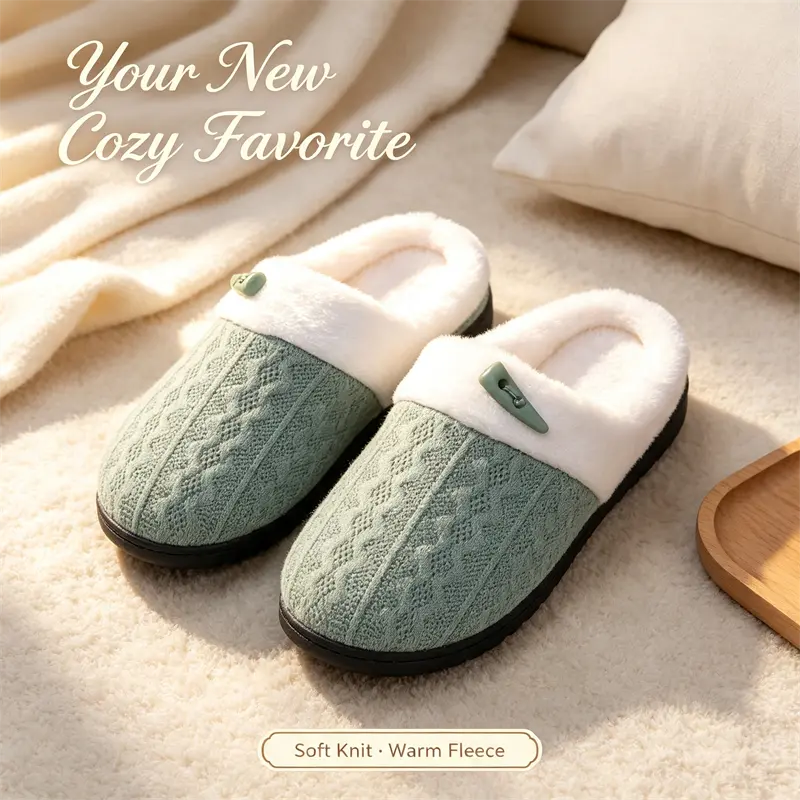 Women’s Cable Knit Mule Slippers Soft Fluffy Fleece Lined Open Heel House Slippers Warm  Breathable Non Slip Flat Indoor Slippers Comfort Winter Home Slides