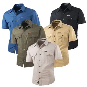 Summer durable short-sleeve work shirt with a buttoned collar and reinforced pockets, suitable for outdoor activities and everyday casual wear. Menswear Tops