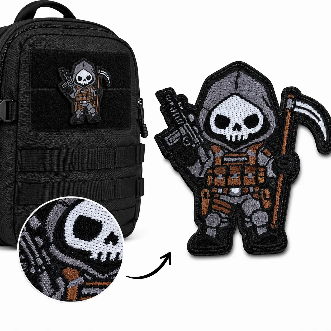 Skull Reaper Embroidery Patches, Hook-and-Loop Tactical Morale Patches for MOLLE Backpacks, Vests, Polyester, Embroidered Patches