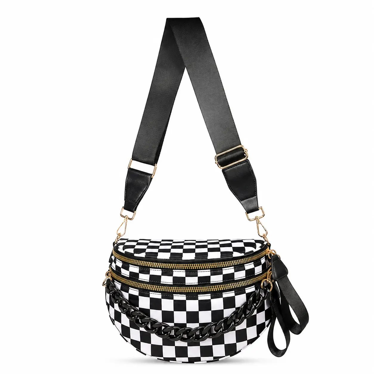Checkered nylon waterproof large waist bag, shell bag, multi-layer zippered pocket large-capacity shoulder bag, multifunctional crossbody bag with chain decoration, portable waist bag for everyday use, fashionable multicolor chest/hip bag