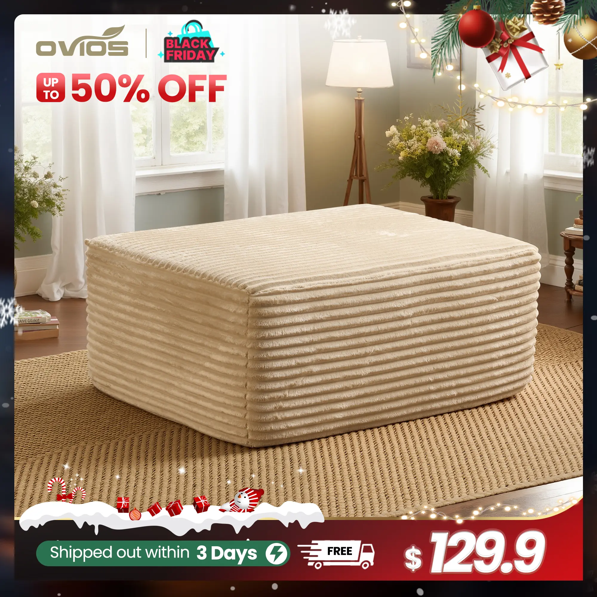 【Summer Vibes】Ovios 37" Plush Corduroy Cloud Velvet Boneless Ottoman for Sofa Couch, Ottoman Foot Rest, End of Bed Bench, Storage Chest, Load 660 lb, for Living Room, Bedroom, Entryway