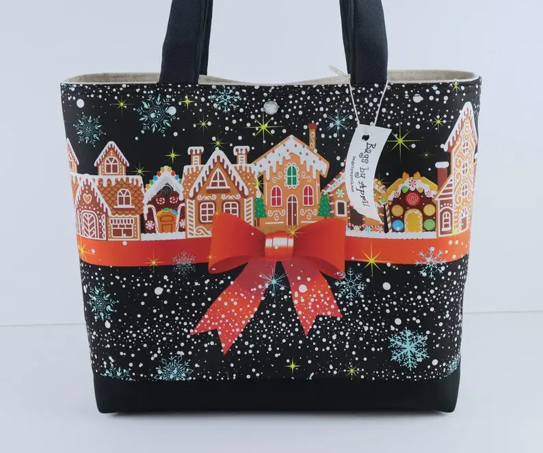 Gingerbread Lane Shoulder Bag Purse with pockets Holiday Christmas Village tote handbag