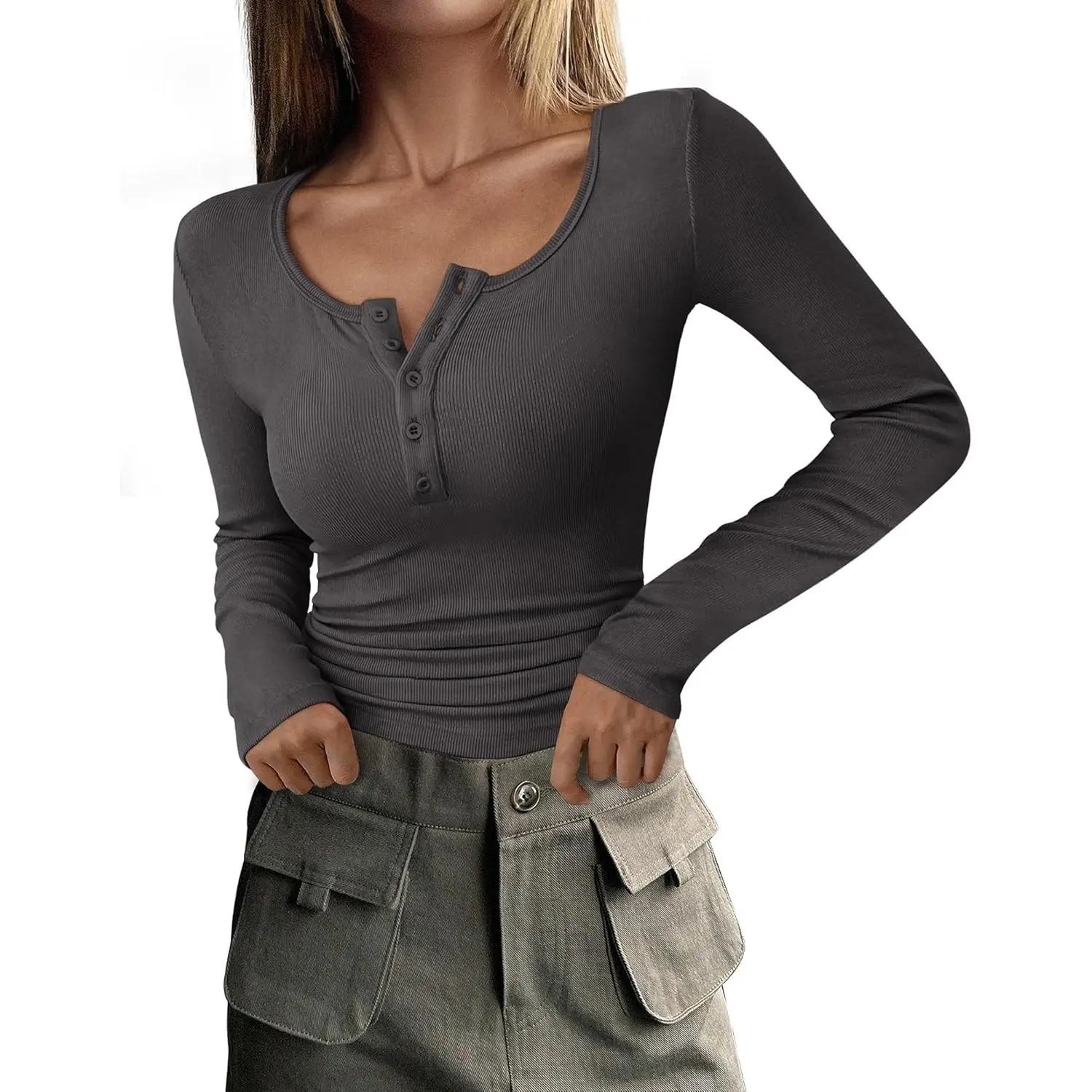 Women's Solid Ribbed Henley Top, Casual Long Sleeve Basic Cut T-Shirt, Cotton Blend Knit with Button Front, Longsleeves, Plain