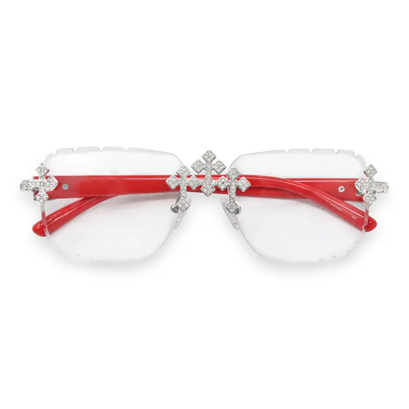 Triple Cross Frameless Sunglasses – Clear Lens Red Frame