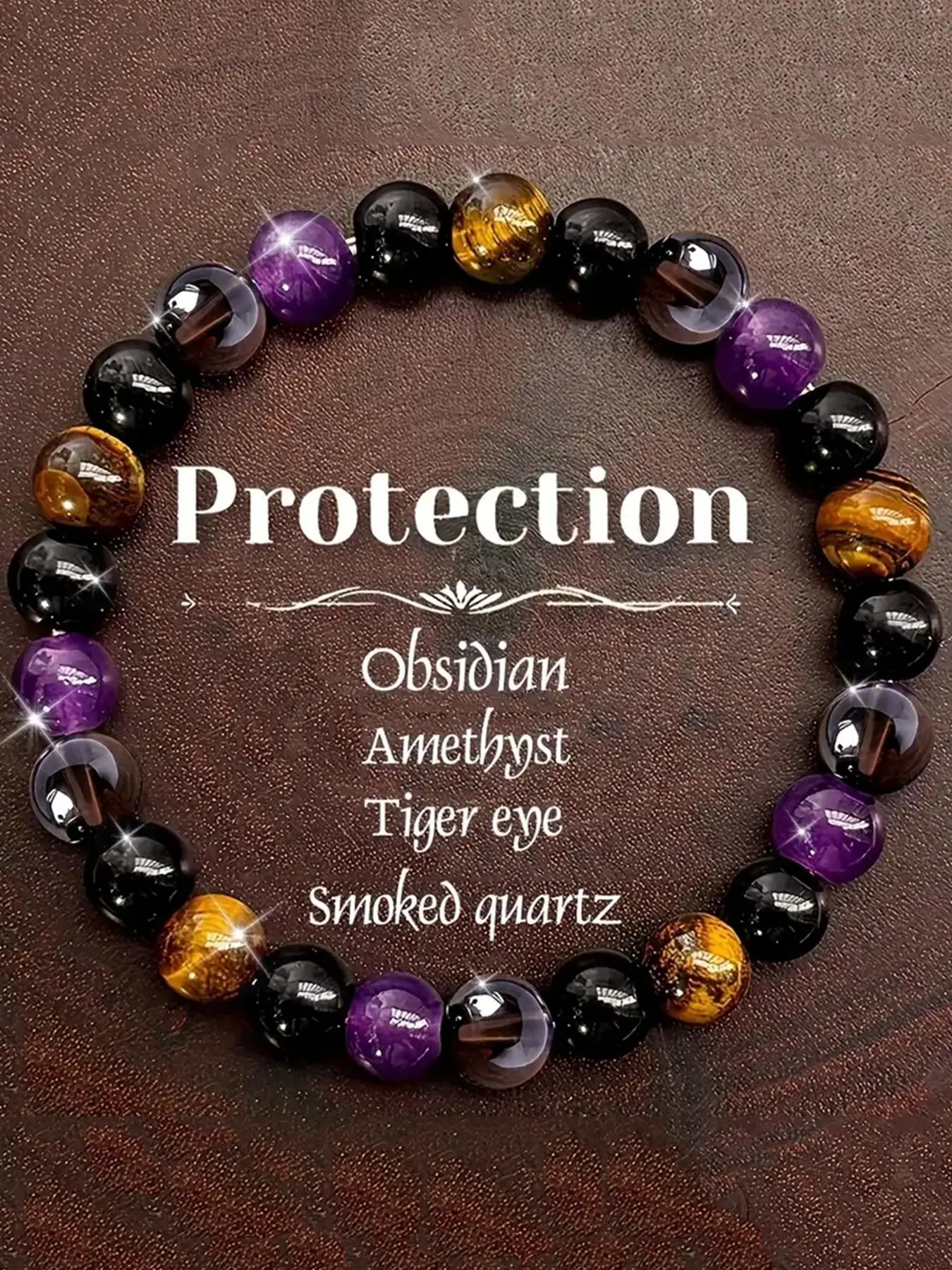1pc Natural Stone Protection Bracelet for Women, Solstice Gemstone Bracelet - Amethyst, Obsidian & Smoked Quartz Beaded Elastic Wristband, Adjustable Beaded Design, Black & Golden-Tone Design, Perfect for Daily Wear & Gift Giving, Adjustable Bracelets