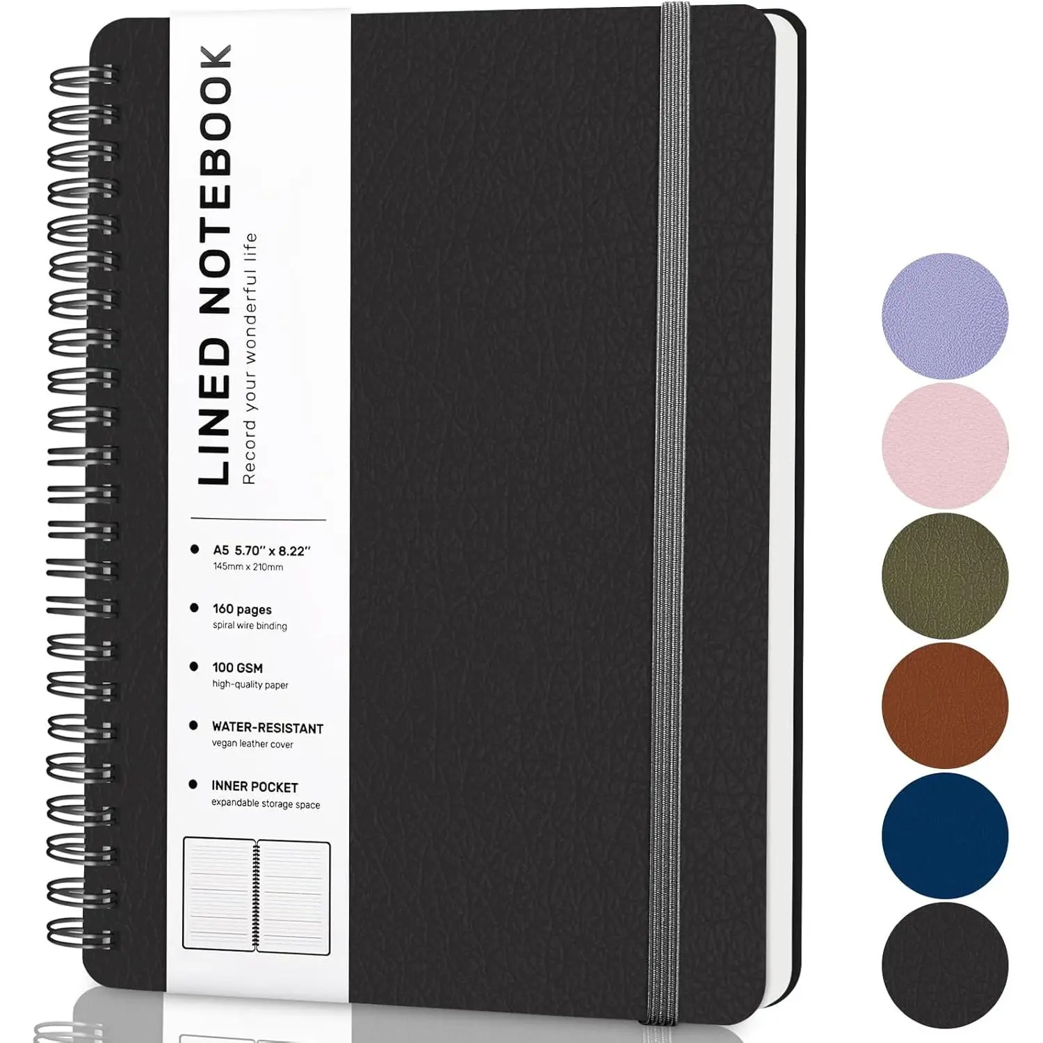 Lined Spiral Journal Notebook, A4 Hardcover Leather Notebook for Work, 8.5''x11'', 100GSM Thick Paper Spiral Bound Journaling Notebooks for Women & Men Office School Note Taking Business, Black