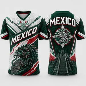 Men's Short-Sleeve V-Neck Unisex Jersey T-Shirt - Mexico-Inspired Aztec Eagle Graphic, Breathable Mesh Fabric, Casual Top