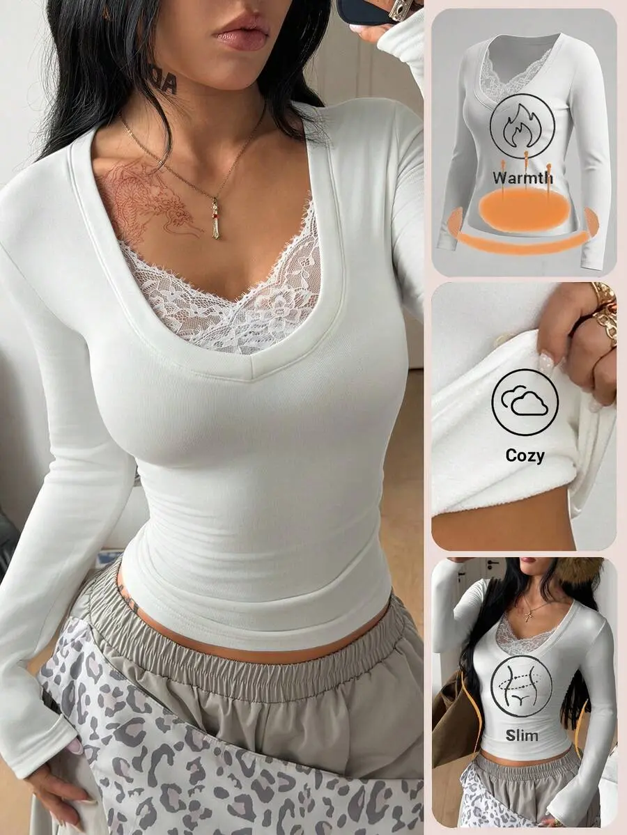 Women's Lace V-Neck T-Shirt - Slim Long Sleeve Knit Top with Contrast Lace for Night Out