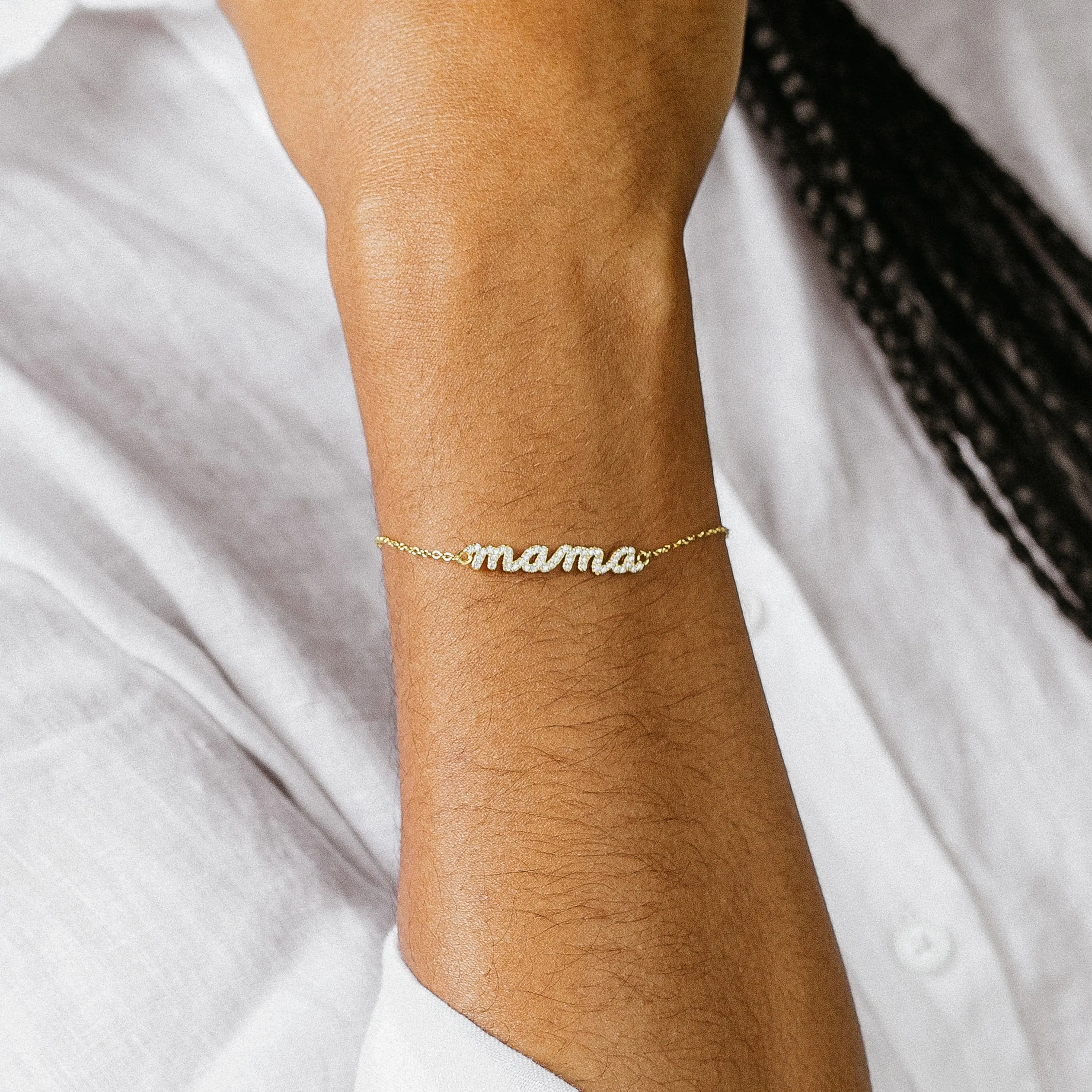 Pave Mama Script Bracelet by Caitlyn Minimalist - Dainty Diamond Mama Charm Bracelet in Gold & Silver - Minimalist Jewelry - Perfect Gift for New Mom