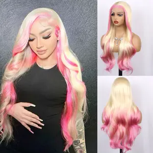 Blonde and Pink Synthetic Lace Front Wigs Pre-plucked Wear Long Curly Hair Wig Glueless Heat Resistant HD Lace for Women Free Part for Natural Look