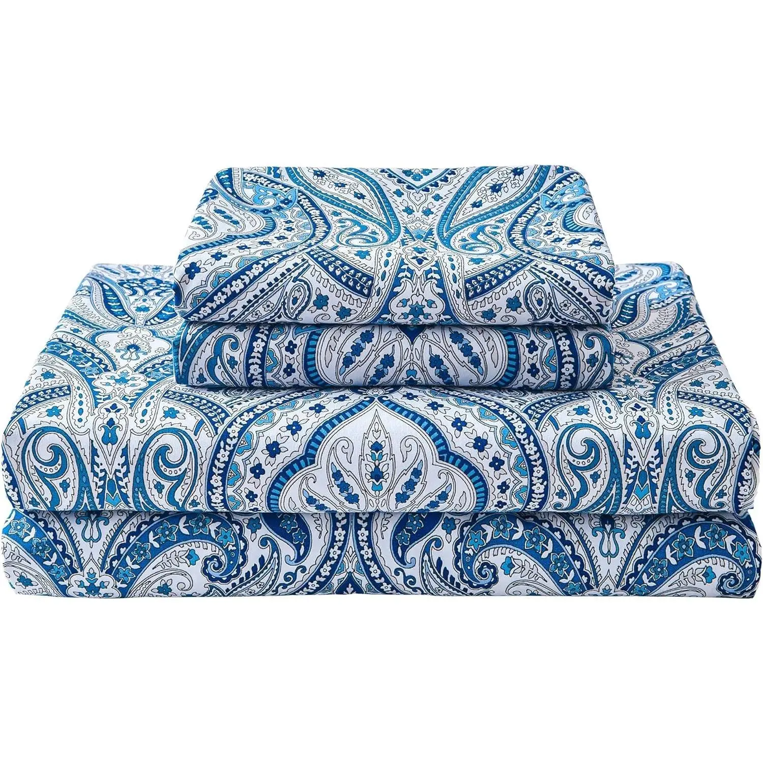 Blue Paisley Printed Bed Sheets  Size, Floral Sheet Set , Brushed Microfiber Fitted Sheet with 15" Deep Pocket, Flower Sheet & Pillowcase Sets