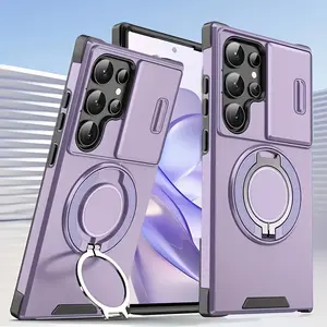 phone case: suitable for Samsung for Galaxy S26/S25/S24FE/S23FE/ Ultra Plus/ 5G/4G models, shockproof 360-degree rotating magnetic holder, with sliding lens protection cover