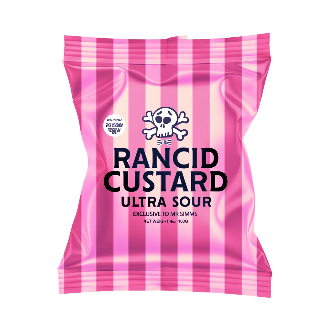 Mr. Simms Rancid Custard Ultra Sour Snacks - Creamy Sour Candy for Youth with Xanthan Gum, Soya, Gum Arabic, Bicarbonate of Soda, Citrus Acids