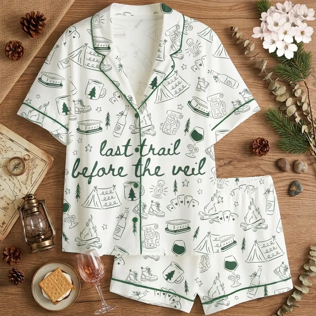 Last Trail Before The Veil Bachelorette Pajamas Set, Camping Bride Pajama, Matching Bridesmaid Pjs, Short Sleeve Button Down Lounge Sleepwear Set for Outdoor Bridal Party, Glamping Wedding Shower Gift, Cute Camp Theme White Green Nightwear