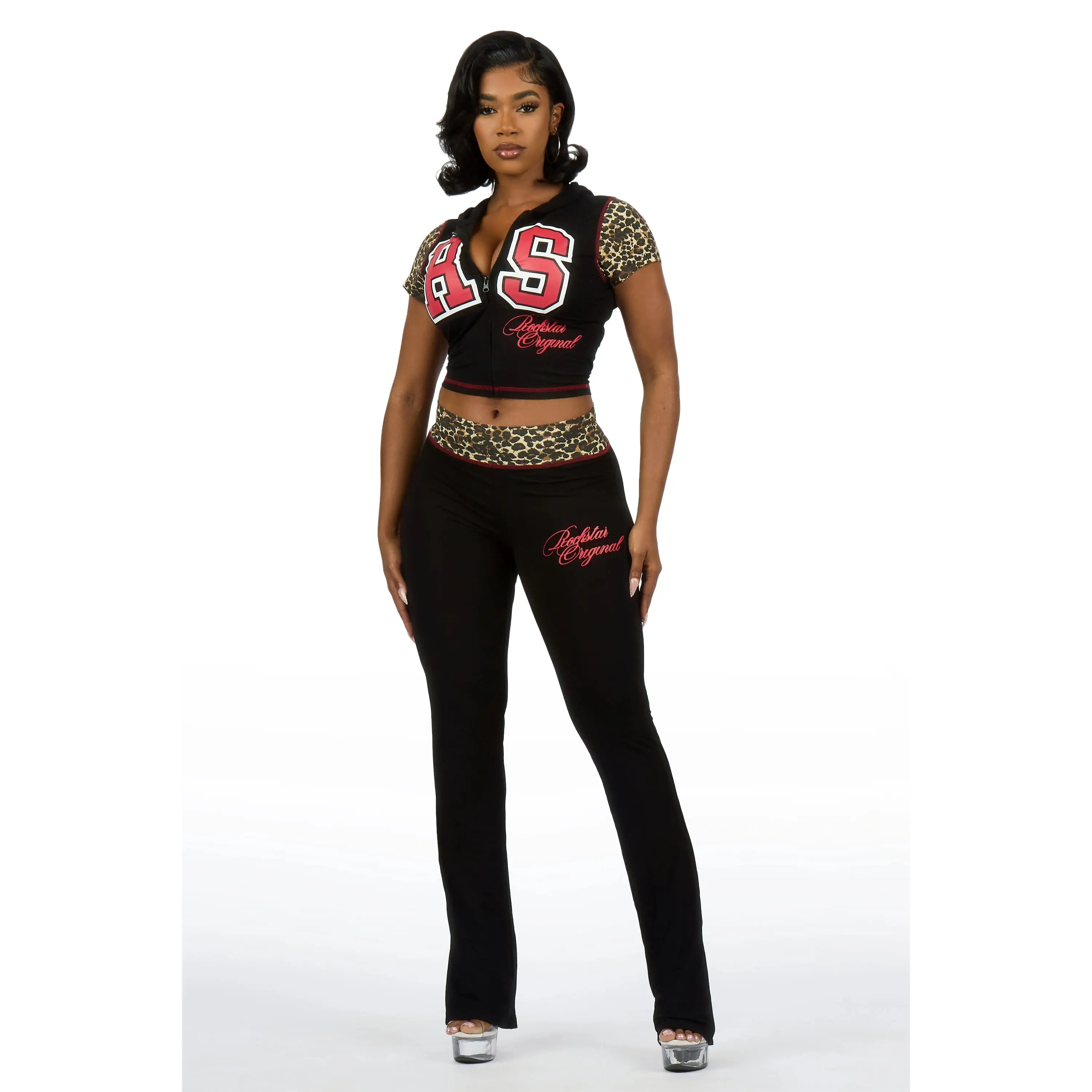 Kateya Black/Cheetah Short Sleeve Zip Up Track Set