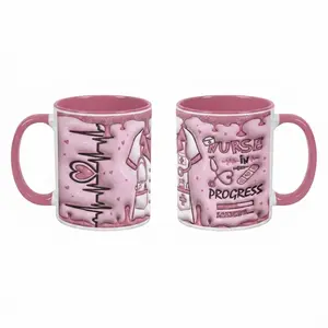 Nurse in Progress Mug (11oz/15oz) Pink Glitter Medical Pattern with Stethoscope Heartbeat and Syringe Elements Durable Ceramic Cup for Hospital Shift Breaks Office Desk Nursing Graduation Gift Appreciation Present Home Coffee Moments