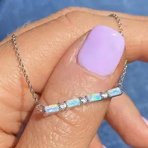 Baguette Bar Necklace in Blue Opal + Cubic Zirconia