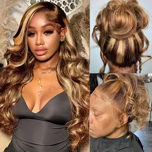 360 Body Wave Lace Front Wigs Human Hair 180% Density Honey Blonde Drawstring Human Hair wig Ombre 4/27 Highlight Lace Front Wigs Pre Plucked Wet And Wavy Body Wave Wig for Women