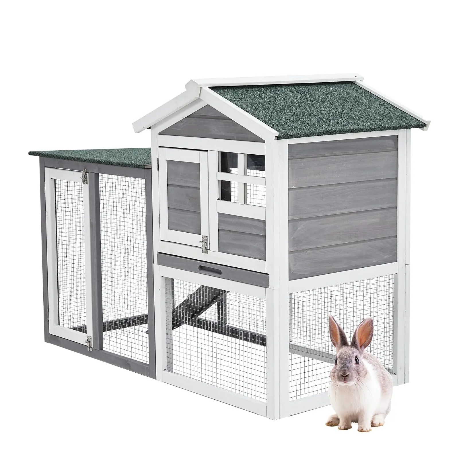 Garvee 48'' Bunny Hutch Indoor with 1 Leak-proof Trays, Waterproof Roof Rabbit Hutch Indoor/Outdoor, 2-Tier Wooden Bunny House, Gray and White