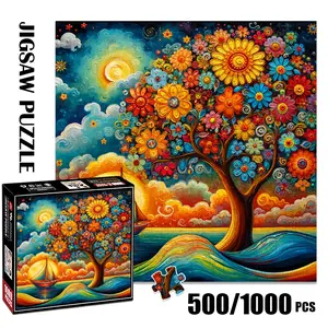 1pc 1000 piece adult puzzle 58x58cm Colorful Flower - Tree, Sailboat, Sunset and Waves Artwork 500 pieces paper jigsaw puzzle suitable for DIY creative games for adults and families, birthday and Colorful Blocks Puzzle Art Puzzles Puzzle Art Gift