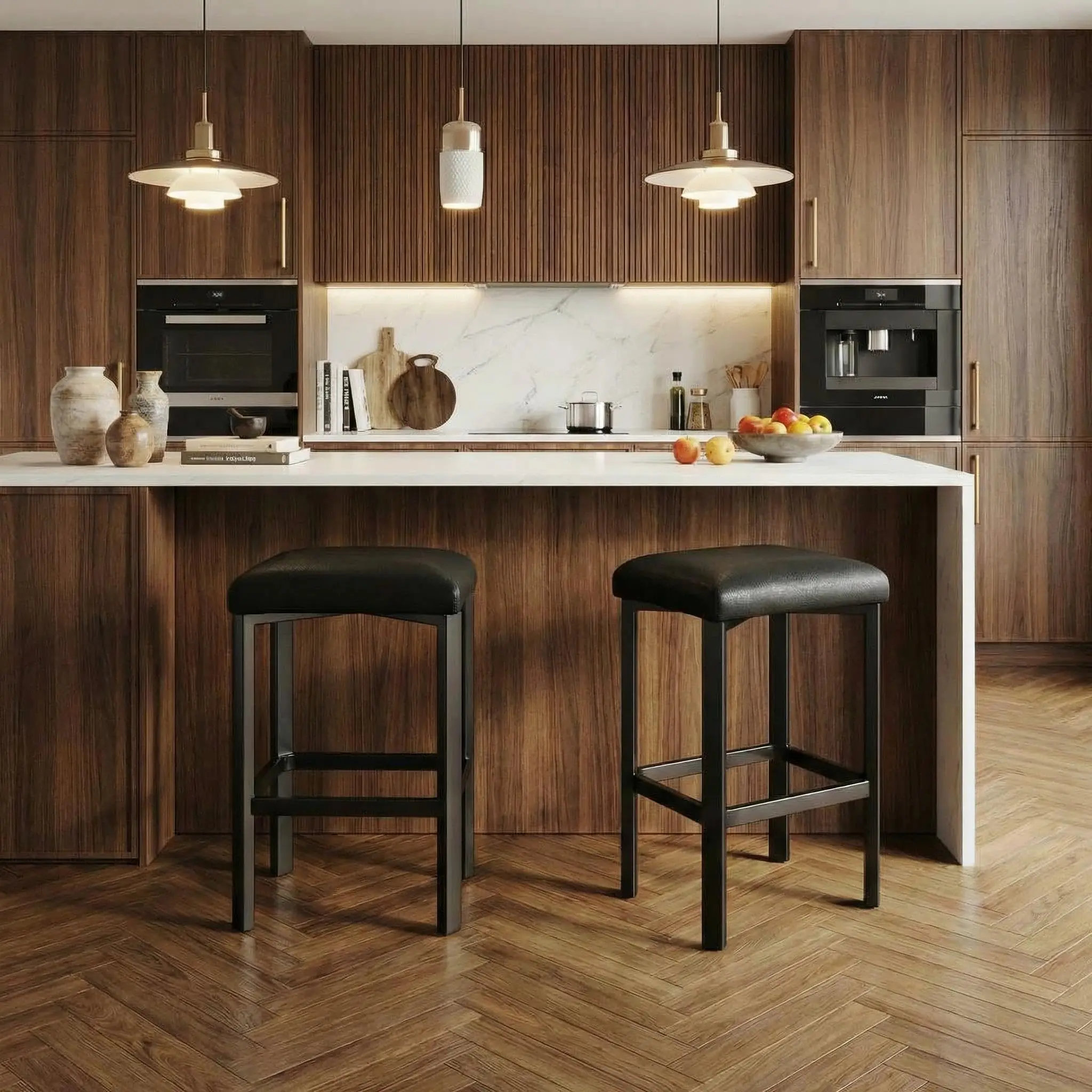 Modern Barstool Set of 2, 24-in Black Easy Wipe PU Leather Ergonomic Kitchen Chairs with 2-in Thick Upholstery, Counter Height, Sturdy Metal Base, Footrest Stool, Easy Assembly, for Home Bar, Kitchen Island, Foot Rest Stool, 7.2" Footrest