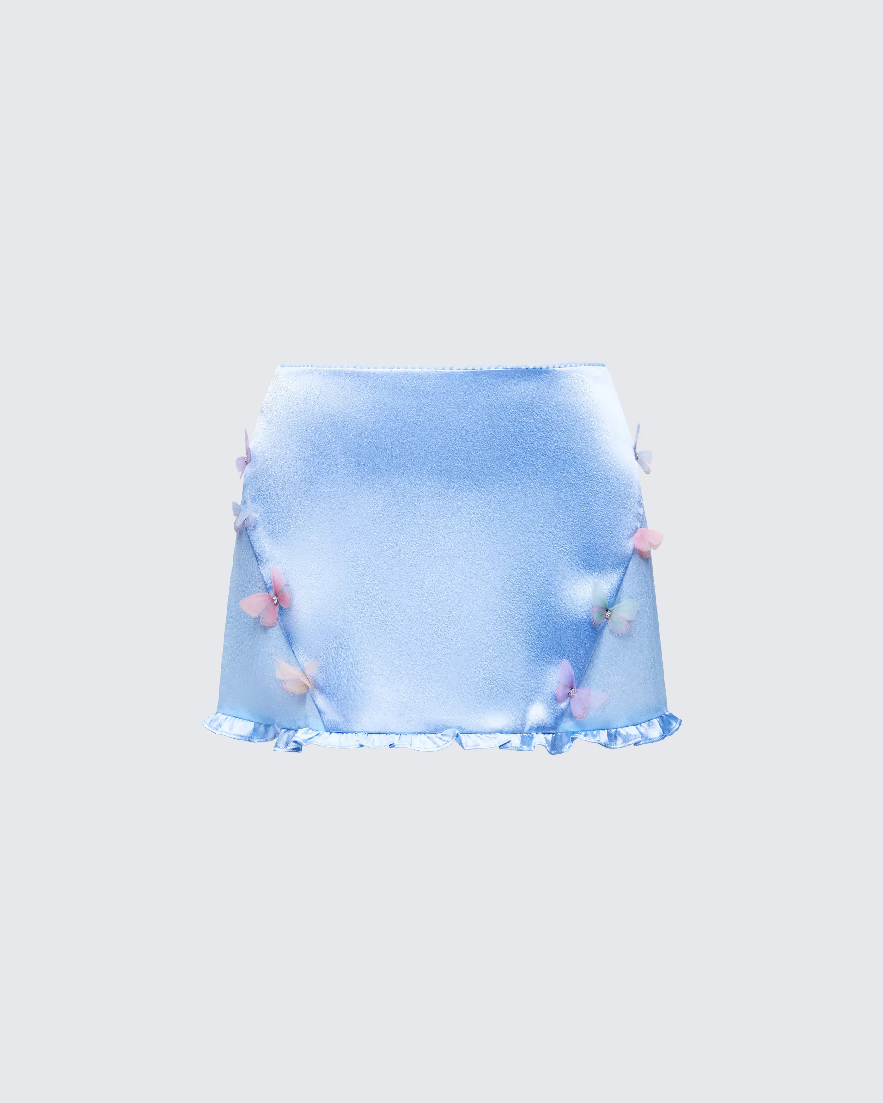 Women's Fitted Cute Faelina Blue Satin Mini Skirt with Butterfly Appliqué, Flirty Ruffles, Polyester Bottom, Ruffled Hem Skirt, Butterfly Skirts, Festival Wear