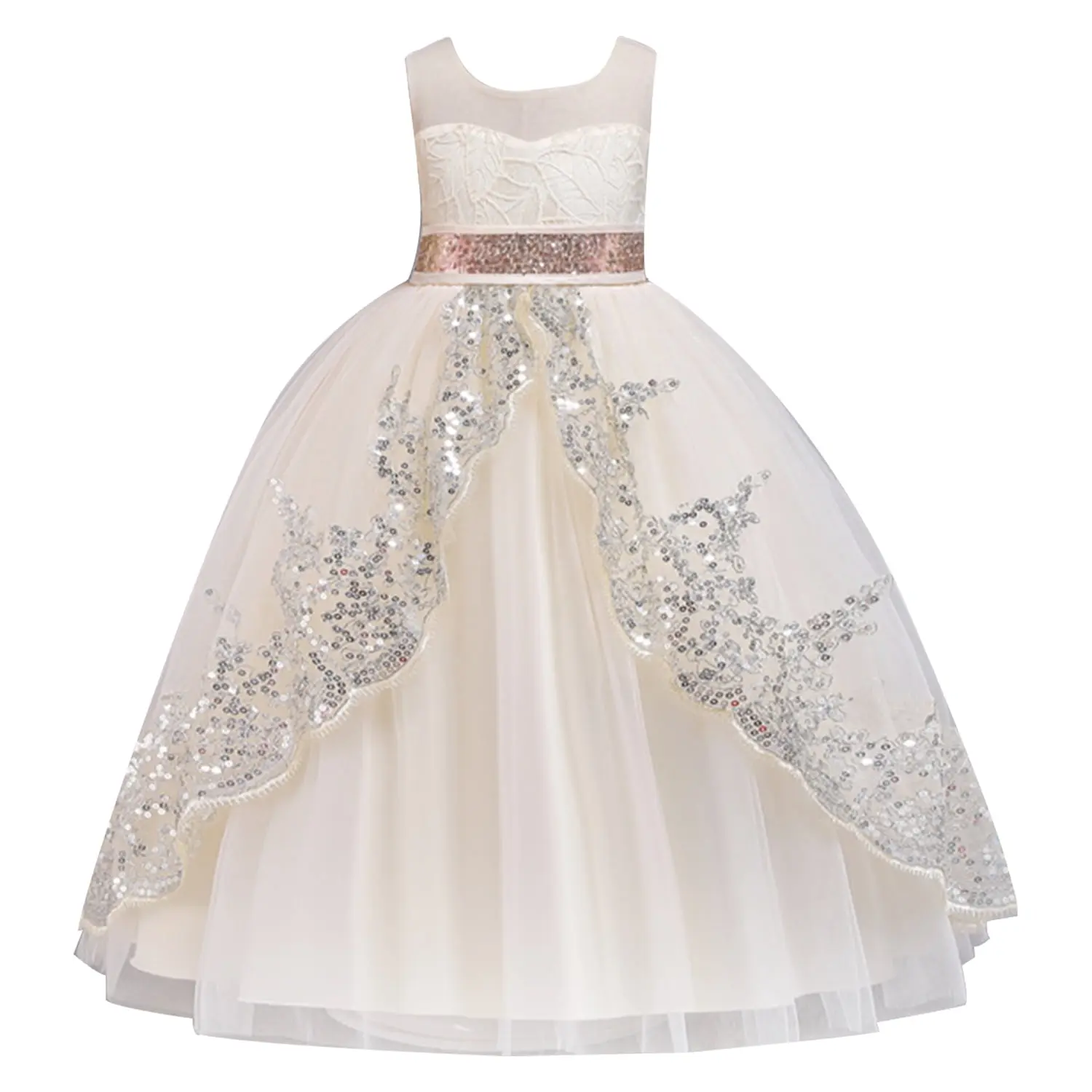 Kawell Big Girls Lace Princess Bridesmaid Dress Sequins Wedding Long Ball Gown Pageant Evening Dresses