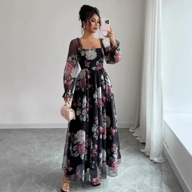 chiffon long-sleeve printed pleated dress