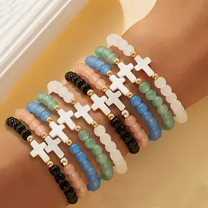 10 pieces elegant cross glass bead bracelet set, multi-layer elastic wristband accessories, suitable for daily wear and party occasions