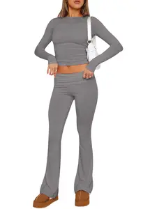 2 Piece Sets for Women Lounge Loungewear Sets Foldover Flare Leggings Pants and Long Sleeve Cropped Tops Casual Y2K Outfits