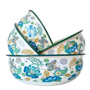 Floral Pattern Enamel Salad Bowl, 3/4 Counts Round Salad Bowl, Household Cookware Set for Home Kitchen Dining Room