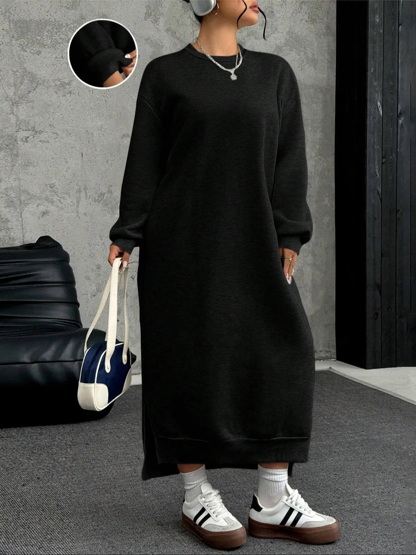 Women's Casual Long Sleeve Sweatshirt Dress, Comfortable Fleece Lining, Loose Fit, Side Slit, Round Neck, Fall & Winter, Graduation, Back-To-School, Casual Dresses