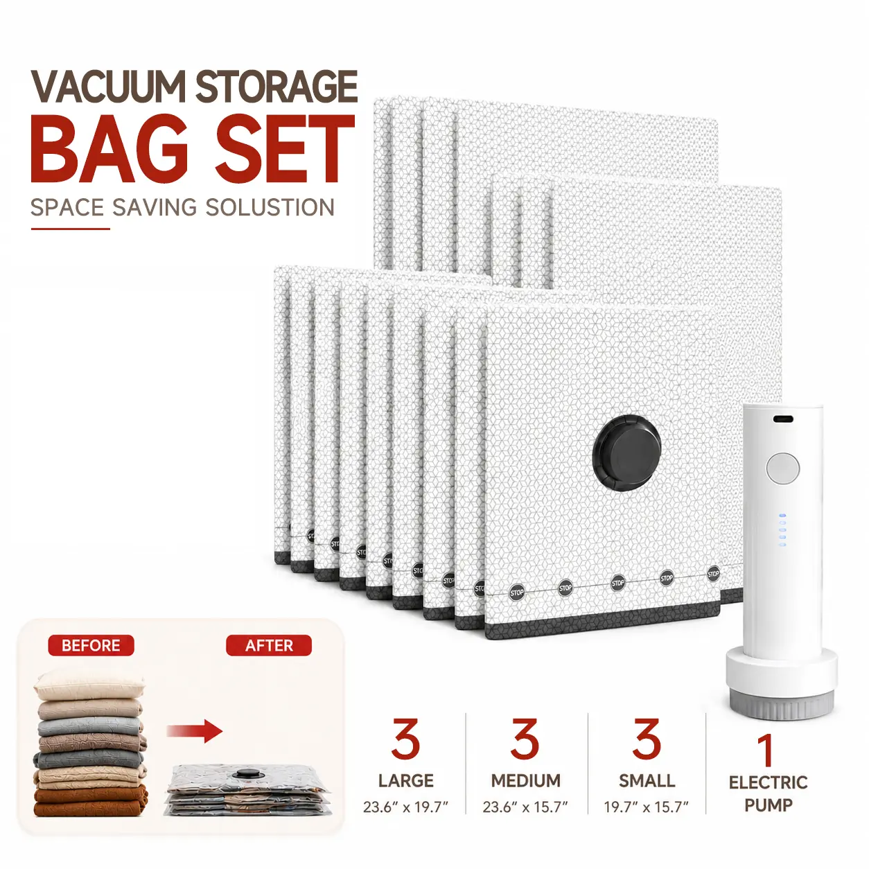 【Summer Vibes】Tracel Vacuum Storage Bag Set with Rechargeable Air Pump - 15-Pack Space-Saving Airtight Resealable Organizers, Sturdy Lightweight Luggage & Clothes Storage Solution for Travel Compression Dual