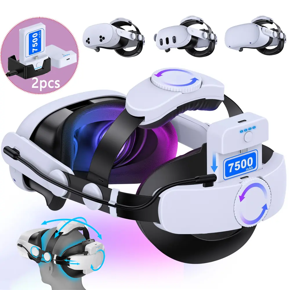 Adjustable Cotton Head Strap for Meta Quest 3S/3/Oculus Quest 2 Virtual Reality Headsets - 2X7500mAh Hot-Swap Batteries, 6-8H Game Playtime, Large Support Pad, Pressure Reduction, Wireless & Cable, Travel VR Accessory for Kids, Smart Wearable Device