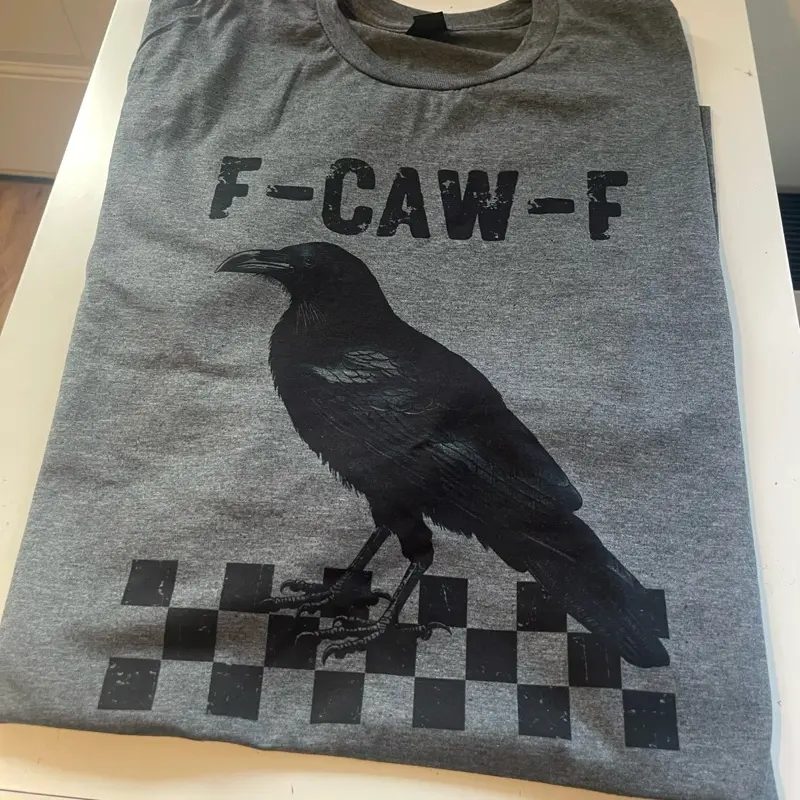 F-caw-f Tshirt with Raven Graphic and Checkerboard Design for Unisex Wear