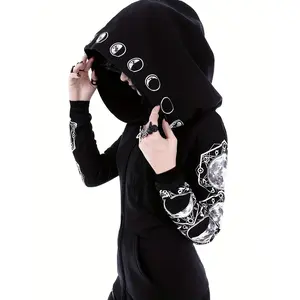 Black & White Moon Hoodie, Large Hooded Zip Up Front Pocket Sweater, Gothic Casual Tops, Women's Clothing