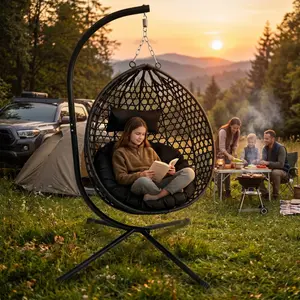 Foldable Hanging Egg Chair with Stand, HDPE Rattan Wicker Swing Chair with Cushion, Heavy Duty Frame 350 Lbs Capacity, Outdoor Patio Indoor Bedroom Balcony