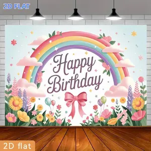 2D Flat Banner 1pc, Party Banner Happy Birthday Rainbow Flower Cloud Star Balloon Pink Bow Pastel Polyester Backdrop Event Decorationroom Home Farm Garden Courtyard Graduation Photography Live Streaming Wedding Club Gif
