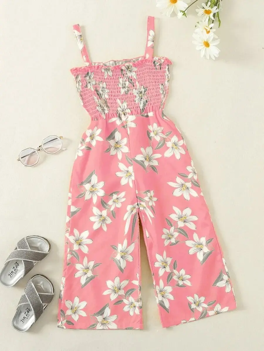 Young Girl Floral Print Frill Shirred Cami Jumpsuit Summer Holiday