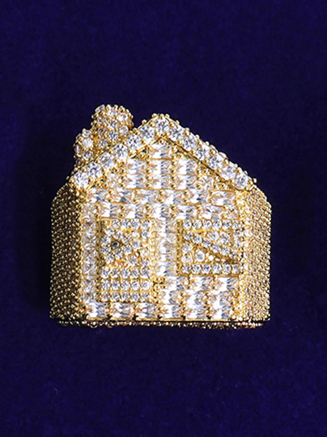 Iced Out House Ring for Men Prong Setting Gold Plated Cubic Zirconia 5A Hip Hop Jewelry Statement Rings Cubic Zirconia Rings
