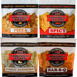 Smokehouse Crackers (4 Pack Sampler).  1 each of our delicious flavors in a  3.5 oz Resealable bag for freshness. Spicy, BBQ, Garlic Parmesan, and Pizza