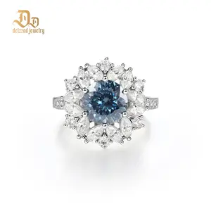 Delzzad 3ct Flower Ring Hundreds Faces Round Synthetic Moissanite Ring Band In 925 Sterling Silver Christmas Gift